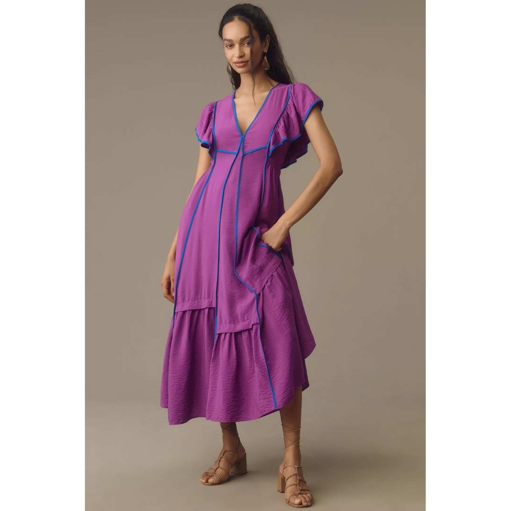 Anthropologie‎  The Mimi Purple Midi Dress V Neck Ruffle Sleeve  XXS